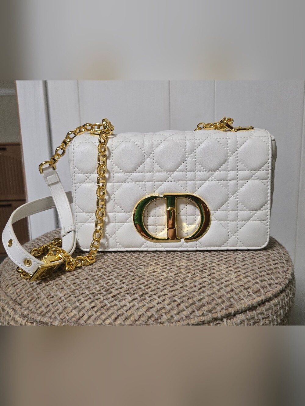 White Quilted Shoulder Bag with Gold Hardware